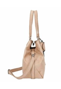 Sac à main en cuir tan avec deux bandoulières, une sangle croisée ajustable, des ferrures en argent et une fermeture éclair. Il présente une petite étiquette attachée.