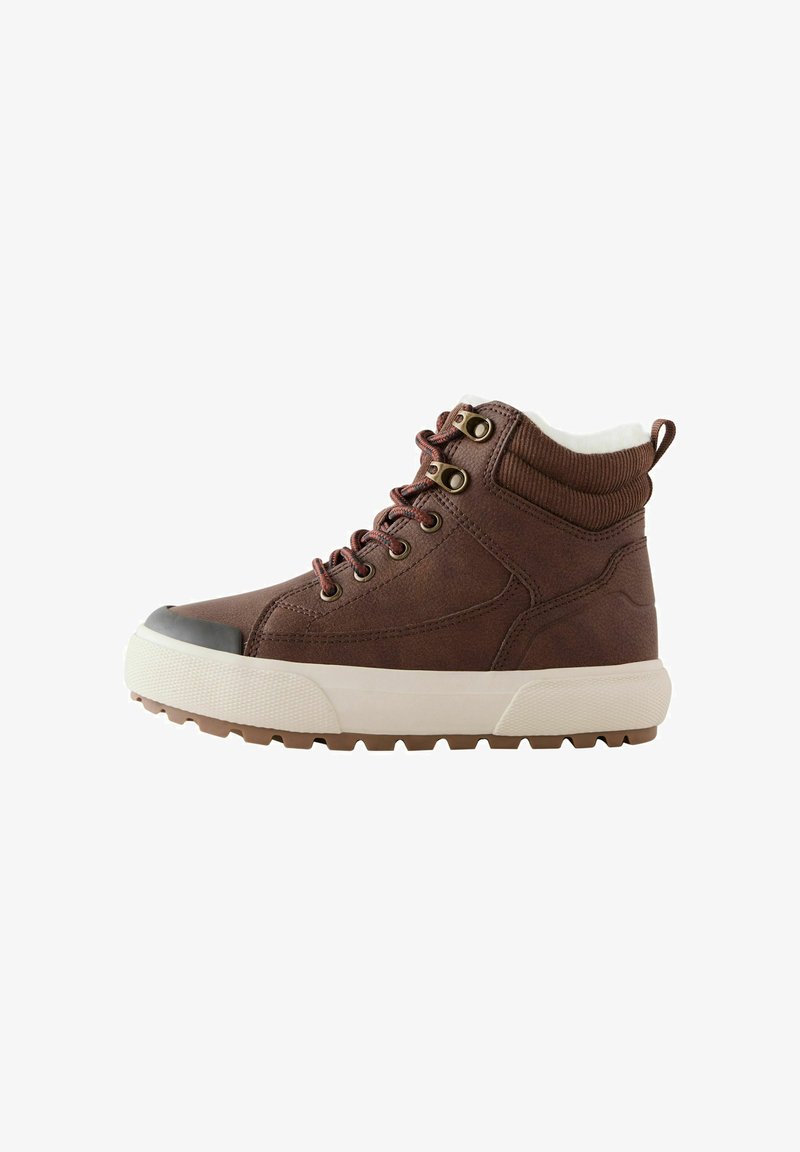 Brown high-top sneakers with a textured synthetic upper, rubber toe cap, and a thick white sole. Features metal eyelets and a striped cuff.
