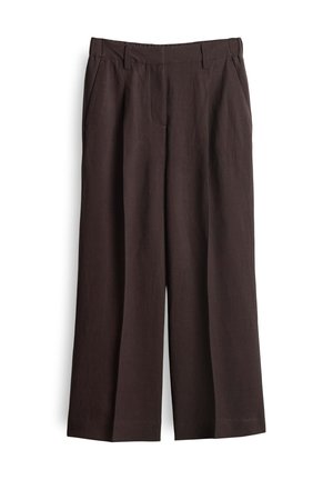 Brown linen wide-leg trousers with front pleats, side pockets, belt loops, and a smooth texture, hanging against a white background.