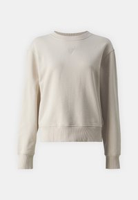 Beige collegepaita pyöreällä pääntiellä, pitkillä hihoilla ja resorikääreillä. Keskellä pieni kolmionmuotoinen yksityiskohta. Pehmeä koostumus.