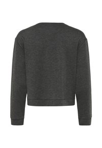 Šedá zkrácená mikina s dlouhými rukávy, vyrobená z měkké látky. Má jednoduchý, nezdobený design a zaoblený výstřih.