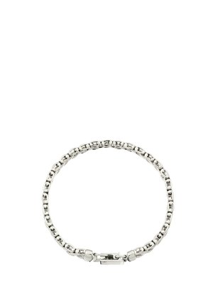 Silver chain bracelet with interlocking links and a box clasp closure on a white background.