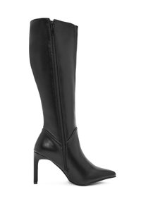 Czarny skórzany kozaki do kolan z wąskim noskiem, smukłym obcasem i detalem zamka błyskawicznego z boku. Gładka faktura i dopasowany fason.
