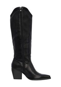 Botas de cuero negras hasta la rodilla con punta afilada y tacón cuadrado. Cuentan con una cremallera lateral y un acabado liso para una apariencia elegante.