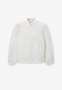 White button-up shirt with a collar, long sleeves, and floral embroidery detail. Features a soft, textured fabric and subtle buttons down the front.