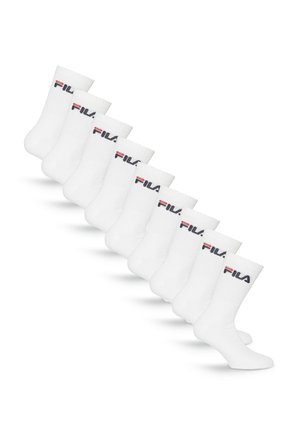 Ti par hvide crew-sokker med FILA-logo i sort og rød på den øverste kant, arrangeret diagonalt på en hvid baggrund.