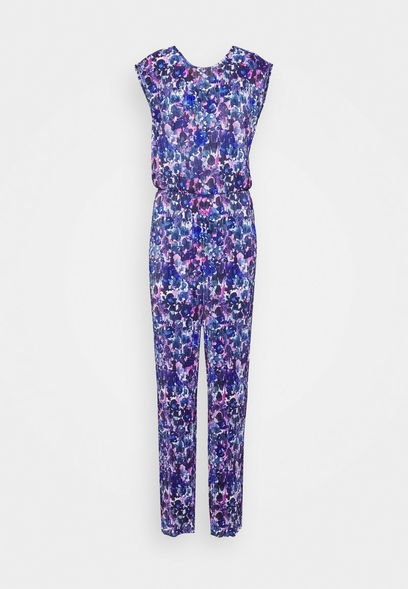 Combinaison sans manches avec col en V, taille élastique et tissu plissé présentant un motif floral dans des tons de bleu, violet, rose et blanc.