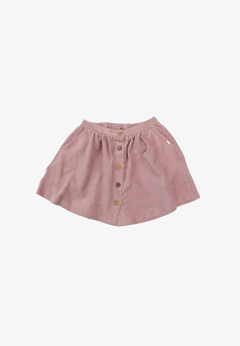 Rosa Cordrock mit ausgestellter Form, ausgestattet mit einem taillierten Bund, einer vorderen Knopfleiste mit Holzknöpfen und seitlichen Taschen.