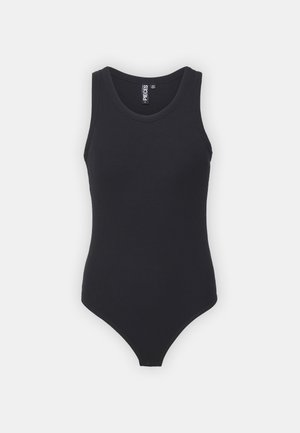 Bodysuit negro de canalé con cuello redondo y diseño sin mangas, con una forma ajustada y abertura de pierna alta.