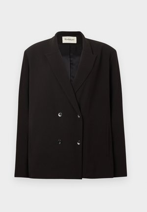 Black double-breasted blazer with notch lapels, four front buttons, side pockets, and a Rodebjer label inside the collar.