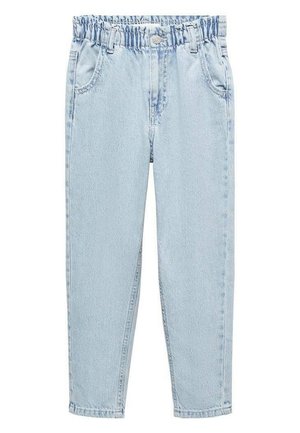 Jean en denim bleu clair avec une taille élastique, une fermeture à boutons sur le devant et deux poches avant, présenté à plat sur fond blanc.