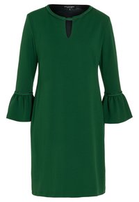 Grön knälång klänning med rund halsringning och nyckelhålsutsnitt. Har trekvartsärmar med klockform och dekorativa detaljer vid ärmsluten.