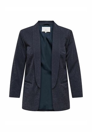 Mørk marineblå kvindeblazer med subtil glimmer, lange ærmer, åben front og to forlommer.