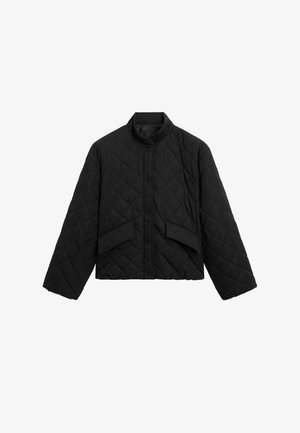 Black quilted jacket with a short, stand collar, button closure, and two front pockets. Features a diamond pattern and long sleeves.