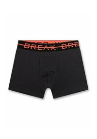 Black boxer shorts with a soft texture, featuring a wide black waistband with "BREAK" printed in bright red. Front pouch design for support.