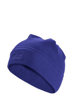 Blauwe fleece beanie met omgeslagen rand en subtiel geborduurd merklogo aan de voorkant.