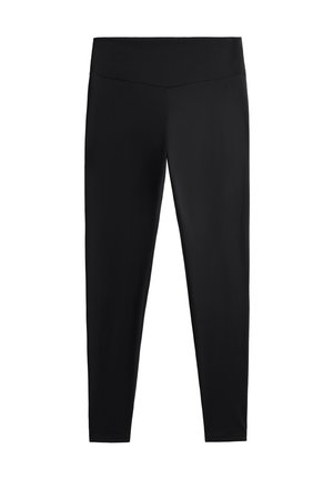 Schwarze Leggings aus dehnbarem Material, mit hoher Taille und einem glatten, nahtlosen Design. Keine sichtbaren Muster oder Hardware-Elemente.