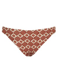 Parte inferior de bikini con un patrón geométrico en rojo y beige. Fabricada en un tejido de textura suave, diseñada con un corte de tiro bajo.