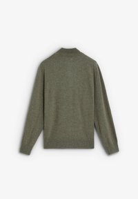 Pull en maille vert olive doux et discret. Caractéristiques : col montant, manches longues, poignets et ourlet côtelés. Texture douce, coupe décontractée.
