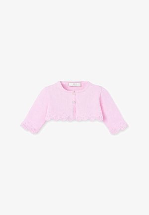 Cardigan bébé tricoté rose avec manches longues, bords festonnés et une unique fermeture centrale par bouton.