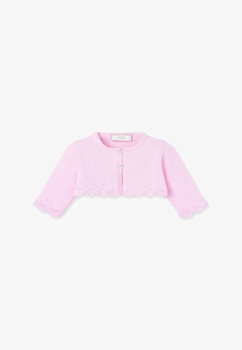 Cardigan bébé tricoté rose avec manches longues, bords festonnés et une unique fermeture centrale par bouton.