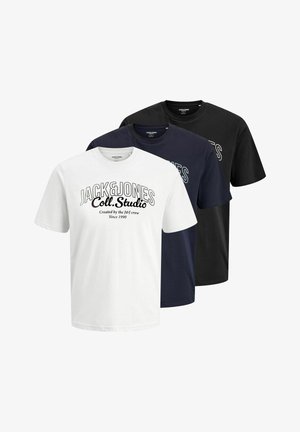 Set of three crew neck t-shirts in white, navy, and black cotton. Features "JACK&JONES Coll. Studio" graphic on the front. Short sleeves.