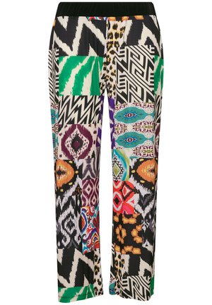 Patroonwijdelijngpants met verschillende geometrische en dierenprints in levendige kleuren. Elastische tailleband en lichtgewicht stof.