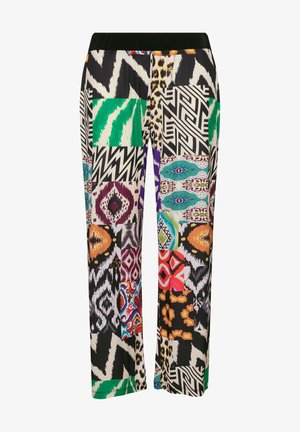 Mønstret bukser med vid ben, prydet med forskellige geometriske og dyriske tryk i livlige farver. Elastisk talje og letvægtsstof.