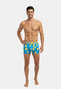 Blauwe boxershorts met een patroon van gele citroenschijven, elastische tailleband met de tekst "MR", gemaakt van rekbare stof, strakke pasvorm.