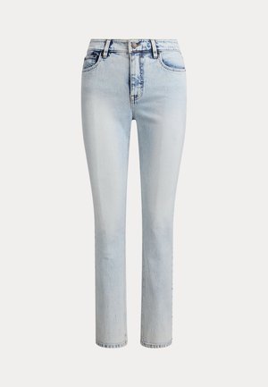 Τζιν παντελόνι σε ανοιχτό μπλε χρώμα με ψηλή μέση και ίσια γραμμή στα πόδια, με κουμπί και φερμουάρ μπροστά, θηλιές για ζώνη και το κλασικό στιλ με πέντε τσέπες.