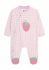 Tutina a scacchi rosa con maniche lunghe, caratterizzata da un'applicazione a forma di fragola e il testo "berry cute". Accenti a forma di fragola in morbido materiale sulla parte dei piedi.