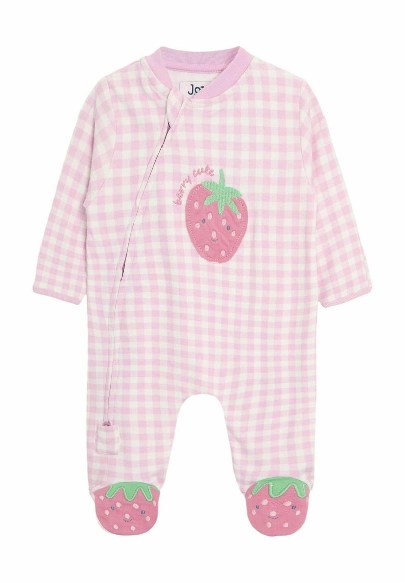 Tutina a scacchi rosa con maniche lunghe, caratterizzata da un'applicazione a forma di fragola e il testo "berry cute". Accenti a forma di fragola in morbido materiale sulla parte dei piedi.