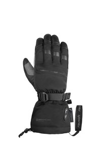 Zwarte geïsoleerde handschoen met een softshell buitenkant, een getextureerde palm, een verstelbare polsband en verwarmingsbediening op de manchet.