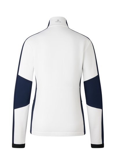 Weiße Langarmjacke mit marineblauen Akzenten und hohem Kragen. Verfügt über ein Color-Blocking-Design an den Ärmeln und kontrastierende schwarze Bündchen am Saum.