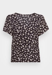 T-shirt preto de manga curta com um padrão floral de margaridas brancas com centros amarelos. Tecido leve com um corte descontraído e design em decote em V.