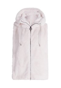 Fleecový plášť v měkké světle růžové barvě s vysokým límečkem a nastavovacími šňůrkami. Obsahuje plný zip a hladký povrch.