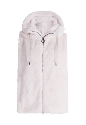 Cappotto in pile di un morbido rosa pallido con colletto alto e cordini regolabili. Presenta una cerniera a tutta lunghezza e una superficie liscia.