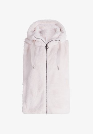 Fleece cape in soft pale pink with a high collar and adjustable drawstrings. Features a full zipper and smooth texture.