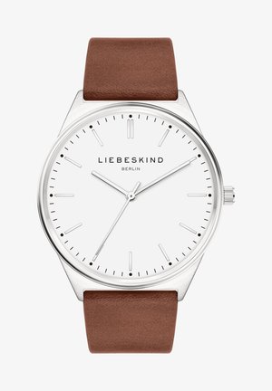 Analogt armbåndsur med hvid urskive, sølvkapsling, minimale timemarkeringer, tre viser og brun læderrem. Mærke Liebeskind Berlin.