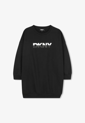 Robe-sweat noire à manches longues, avec un col et des poignets côtelés. Présente le logo "DKNY" en blanc avec une texture en points. Coupe décontractée.