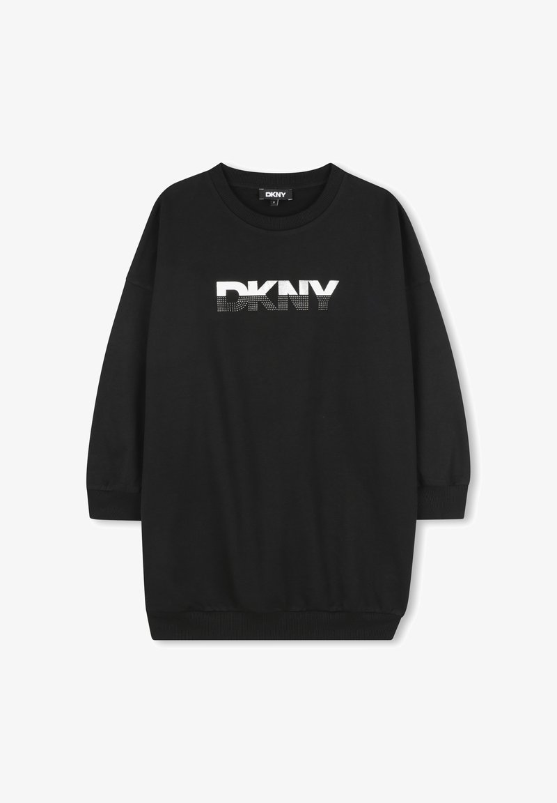 Robe-sweat noire à manches longues, avec un col et des poignets côtelés. Présente le logo "DKNY" en blanc avec une texture en points. Coupe décontractée.