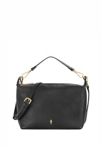 Czarna skórzana torebka o teksturowej powierzchni, z krótkim uchwytem u góry oraz długim regulowanym paskiem, zdobiona złotymi akcentami.