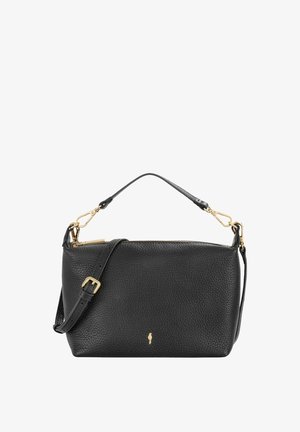 Czarna skórzana torebka o teksturowej powierzchni, z krótkim uchwytem u góry oraz długim regulowanym paskiem, zdobiona złotymi akcentami.