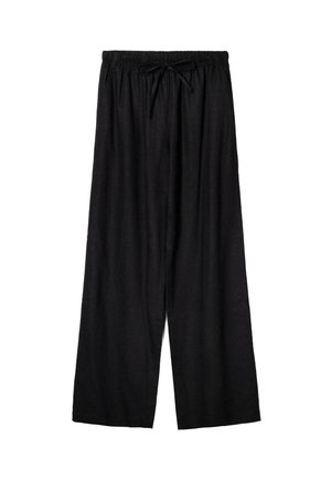 Black wide-leg pants with elastic waistband and front drawstring tie, made of lightweight fabric.