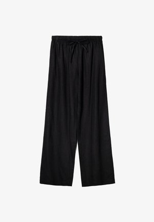 Black wide-leg pants with elastic waistband and front drawstring tie, made of lightweight fabric.