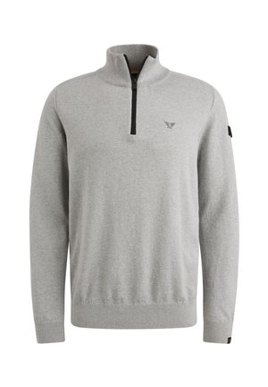Grå sweater med lynlåskrave, med lange ærmer og elastiske manchetter. Indeholder et lille logo på brystet og et mærke på ærmet.