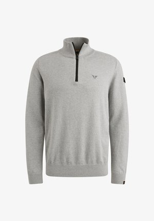 Sivi dukserica s kapuljačom i zipom, dugih rukava i elastičnim manžetama. Sadrži mali logo na prsima i oznaku na rukavu.