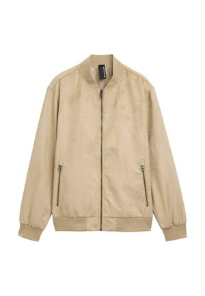 Beige Bomberjacke mit einer glatten Textur, Reißverschluss vorne, Seitentaschen und gerippten Bündchen sowie Saum. Leichtes, lässiges Design.