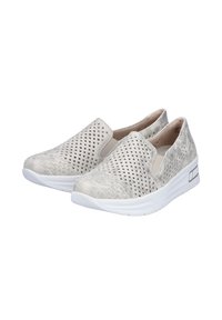 Light gray slip-on shoes with perforated design, textured upper, and white rubber sole. Features a low heel and elastic side panels for easy wear.