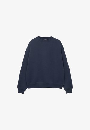 Felpa crewneck di un blu navy scuro, con maniche lunghe e polsini e orlo a coste, esposta su uno sfondo bianco.
